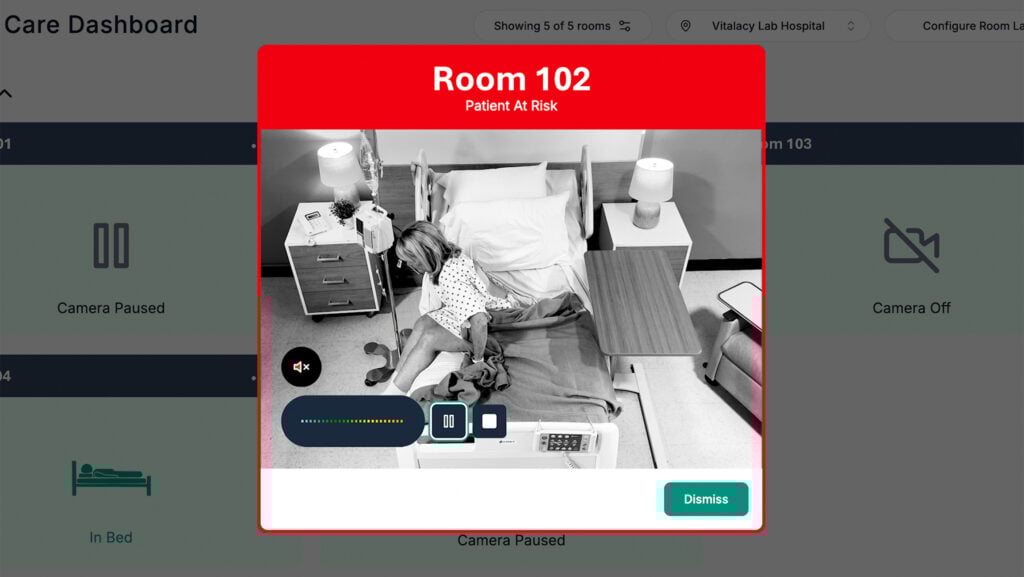 Vitalacy Virtual Sitter monitoring patient in hospital room to prevent falls and improve safety